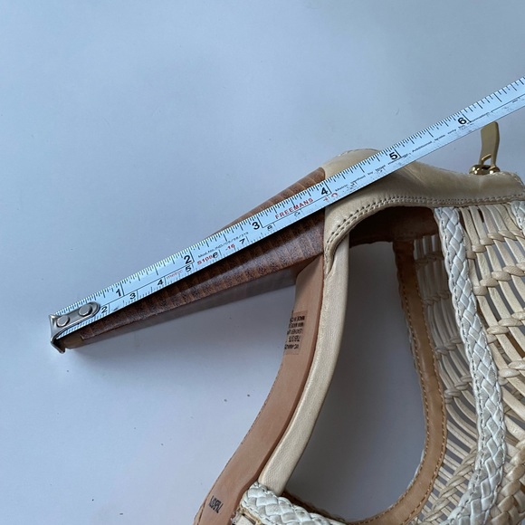 cream leather Vince Camuto woven high heel peek toe ankle bootie - Picture 5 of 9